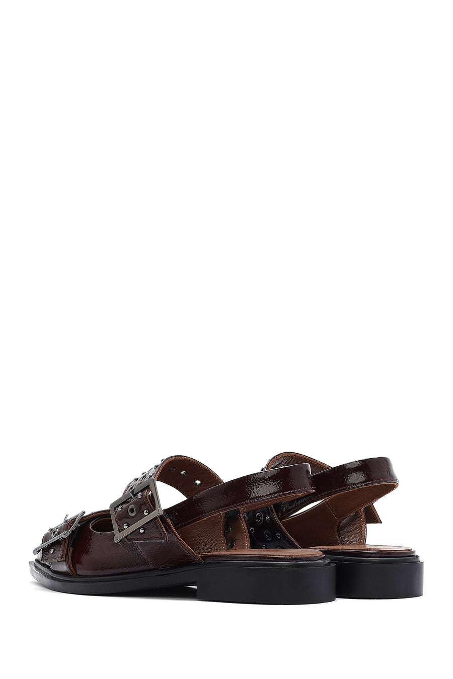 Women's Claret Red Open Back Buckled Patent Leather Ballerinas