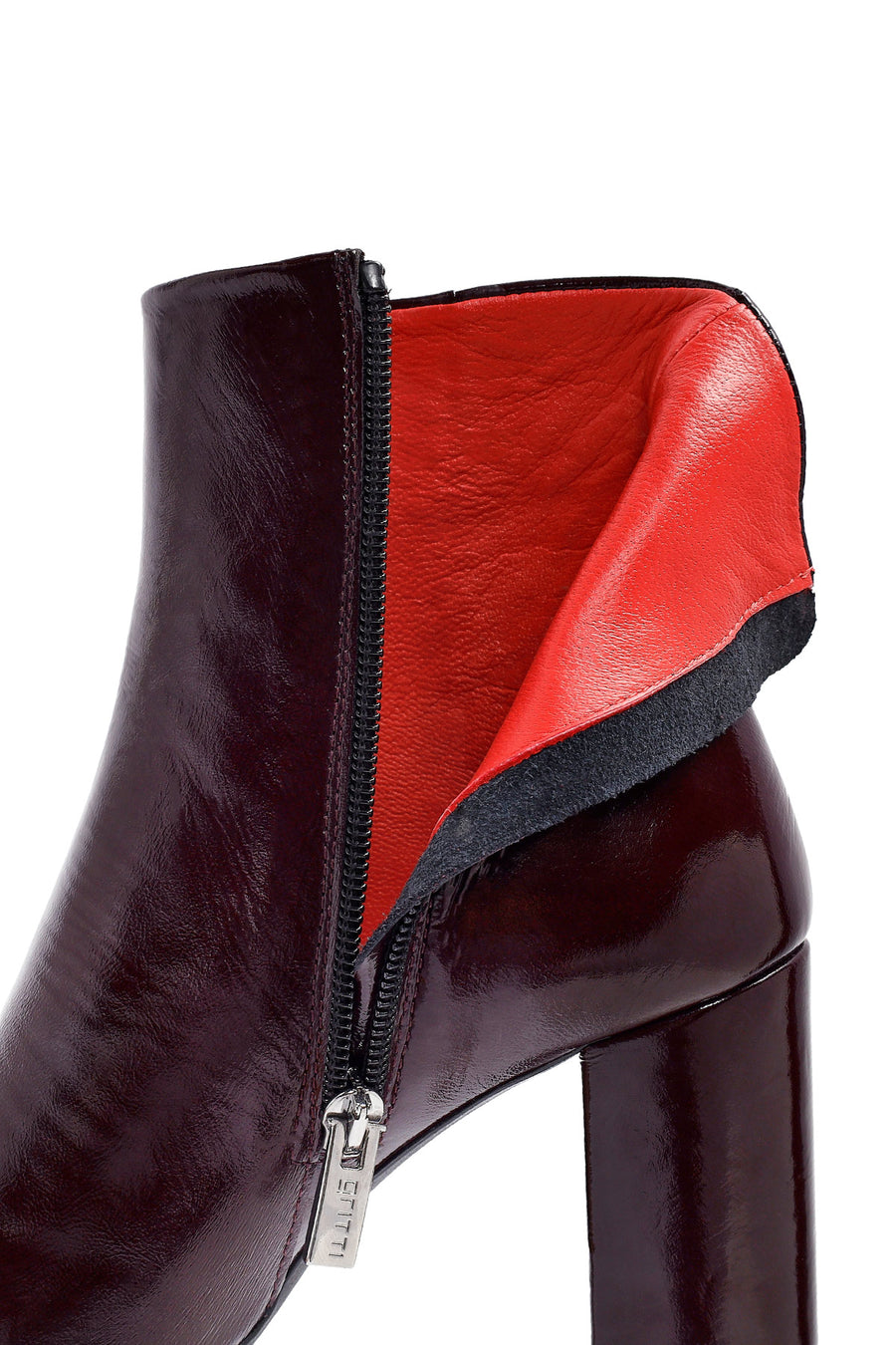 Derimod Gritti Woman Burgundy Zip Closure Thick-Heeled Patent Leather Leather Boots