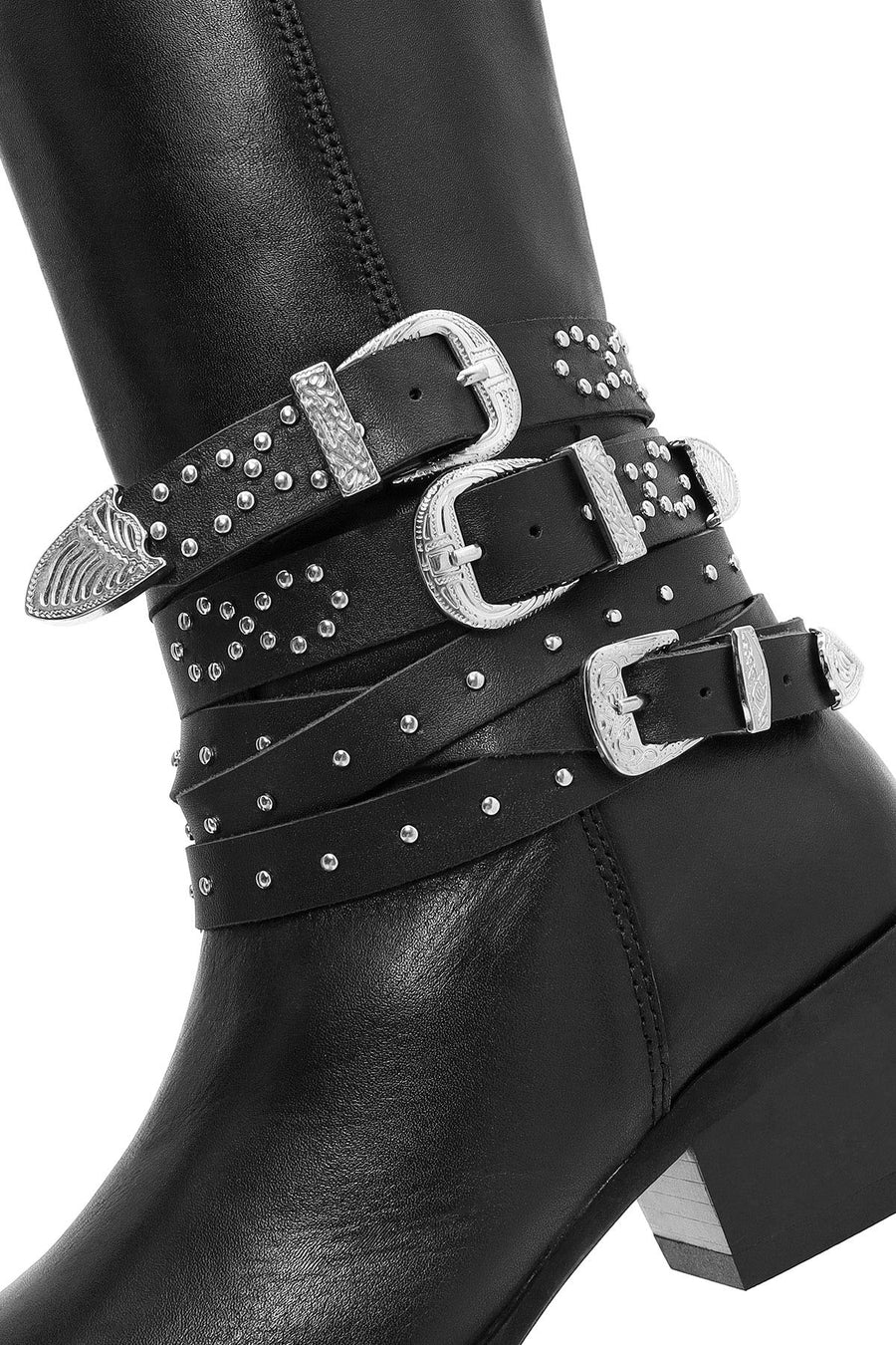 Women's Black Thick Heel Buckle Detailed Leather Cowboy Boots