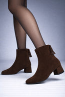 Woman Brown Zip Closure Short Thick-Heeled Suede Boots | Derimod