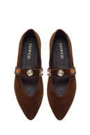Women's Brown Suede Leather Ballet Flats with Rhinestones | Derimod