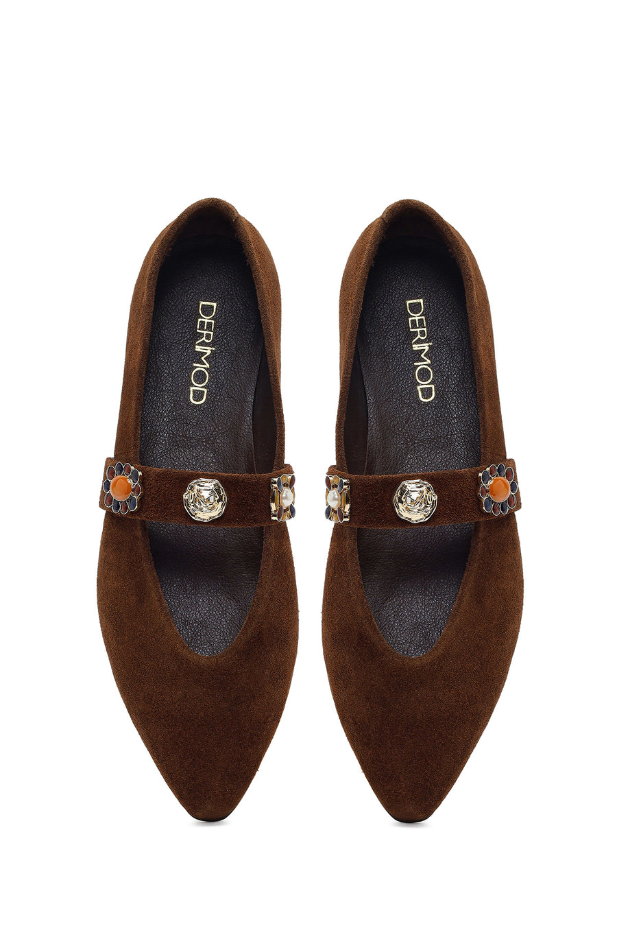 Women's Brown Suede Leather Ballet Flats with Rhinestones