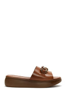Women's Tan Thick Soled Leather Slippers | Derimod