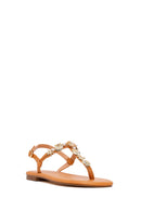 Woman Tan Ankle-Buckle Toe-Post Embellished Sandal | Derimod