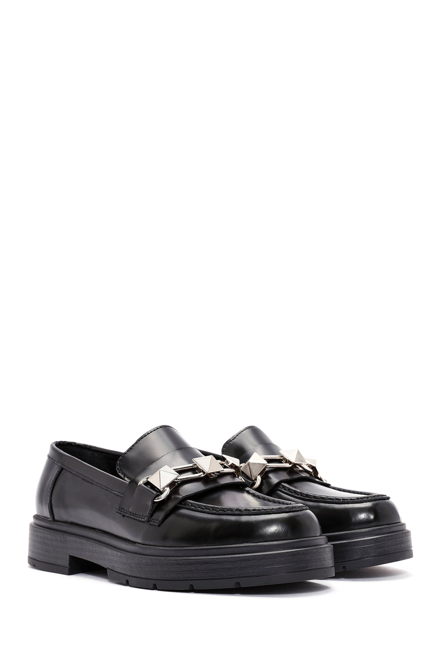 Women's Black Buckle Detailed Leather Masculine Loafer