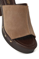 Women's Beige Thick Heeled Suede Leather Slippers | Derimod