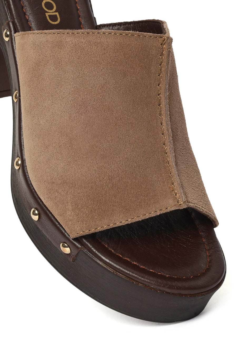 Women's Beige Thick Heeled Suede Leather Slippers