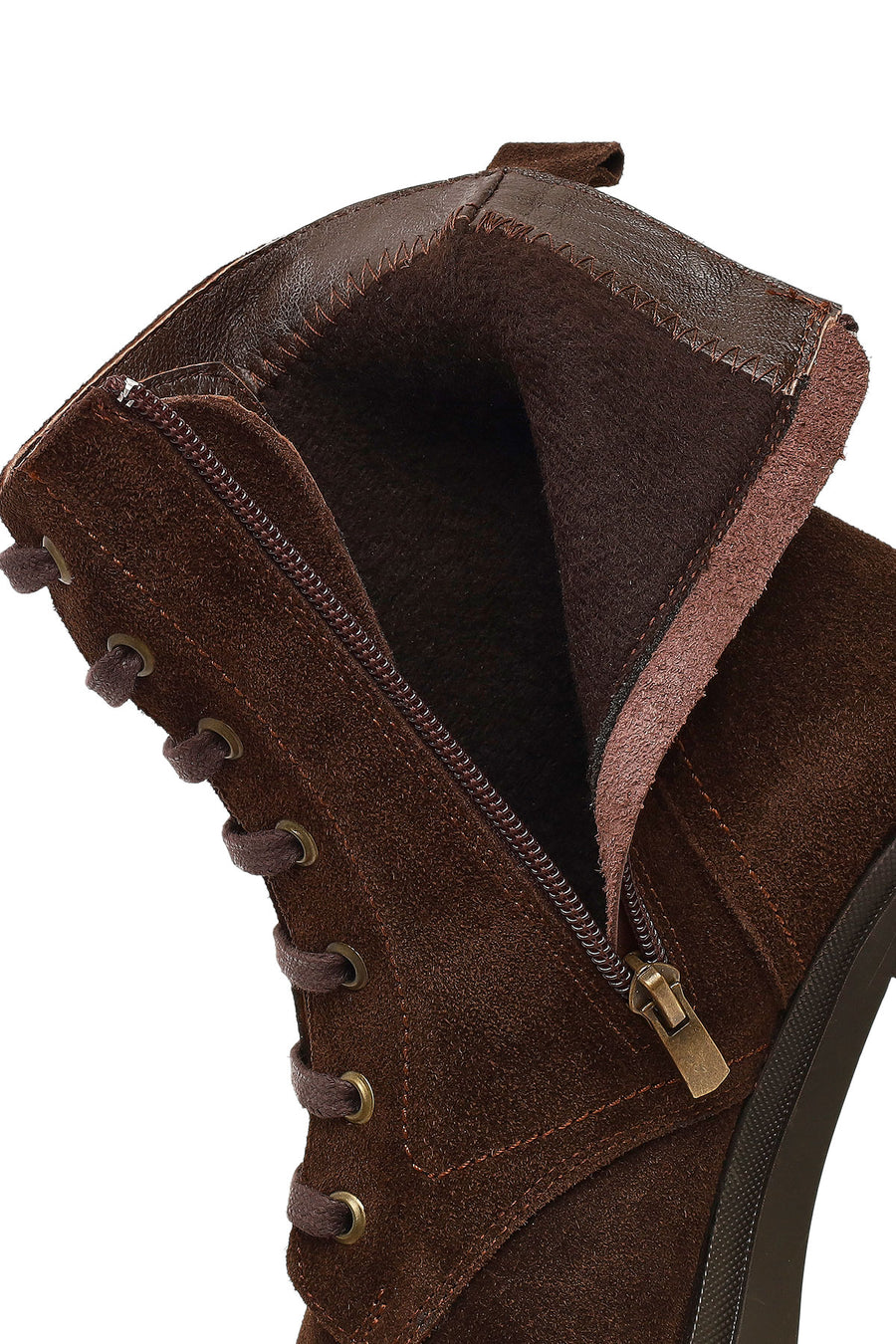 Woman Brown Zip Closure Chunky Heeled Suede Boots