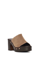 Women's Beige Thick Heeled Suede Leather Slippers | Derimod
