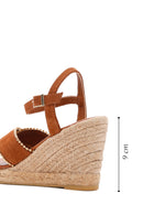 Women's Tan Ankle Strap Wedge Heel Suede Leather Espadrille Sandals | Derimod