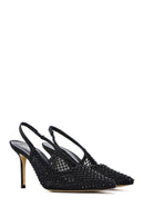 Women's Black Stoned Open Back Thin Heeled Leather Shoes | Derimod