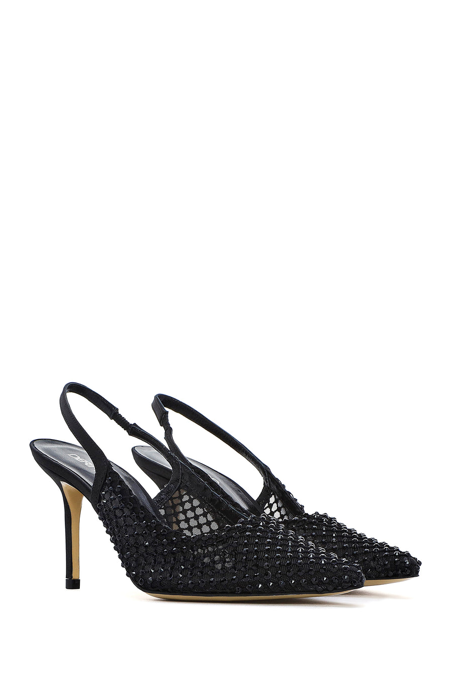 Women's Black Stoned Open Back Thin Heeled Leather Shoes