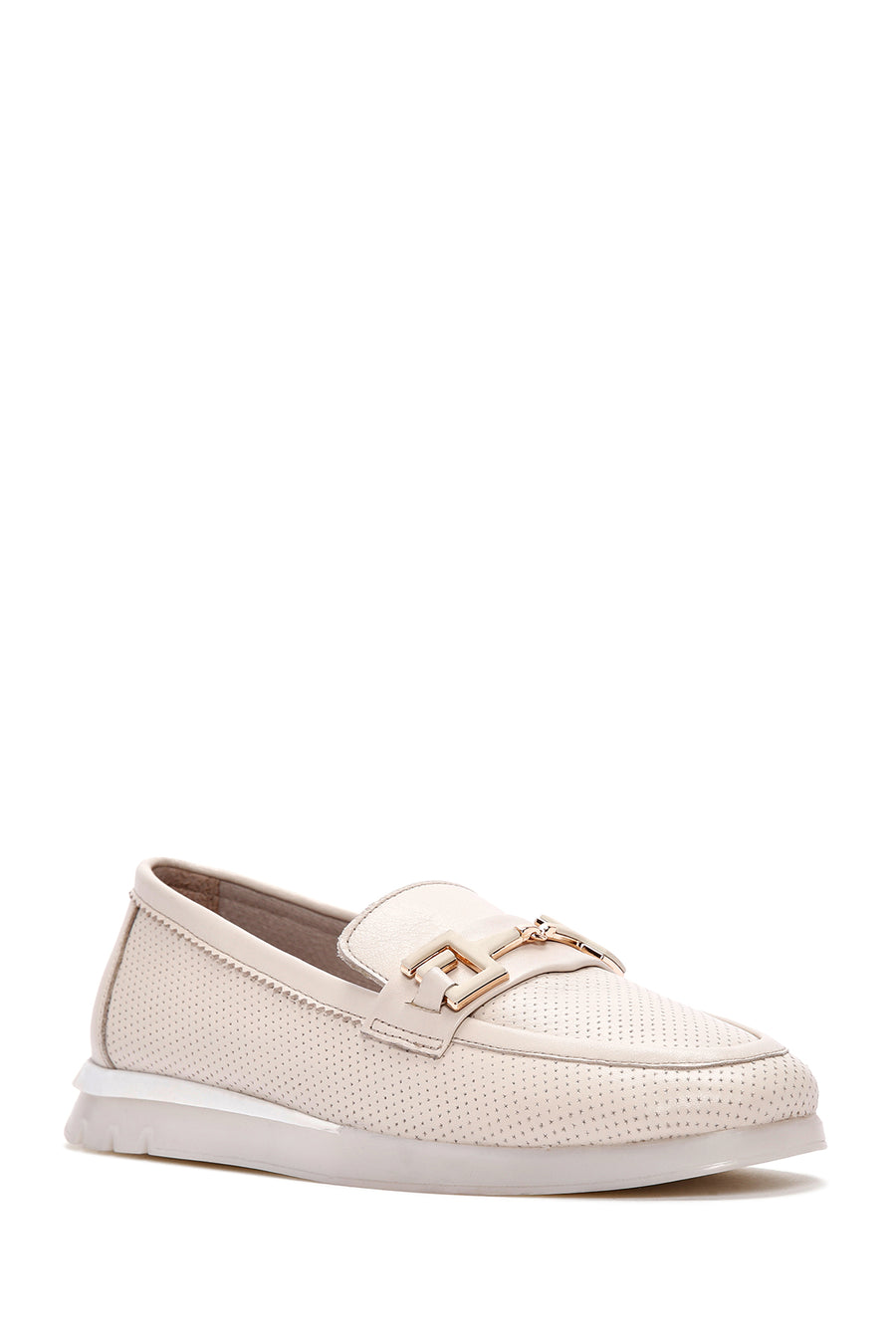 Kadın Krem Tokalı Deri Comfort Loafer