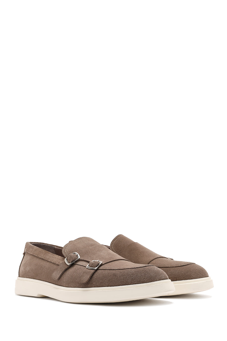 Men's Beige Double Buckle Suede Leather Loafer