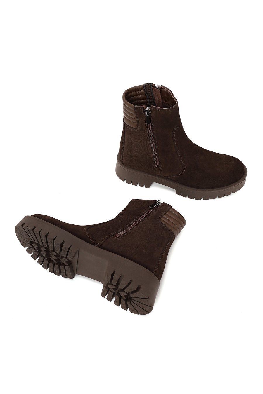 Woman Brown Double Zip Closure Suede Boots