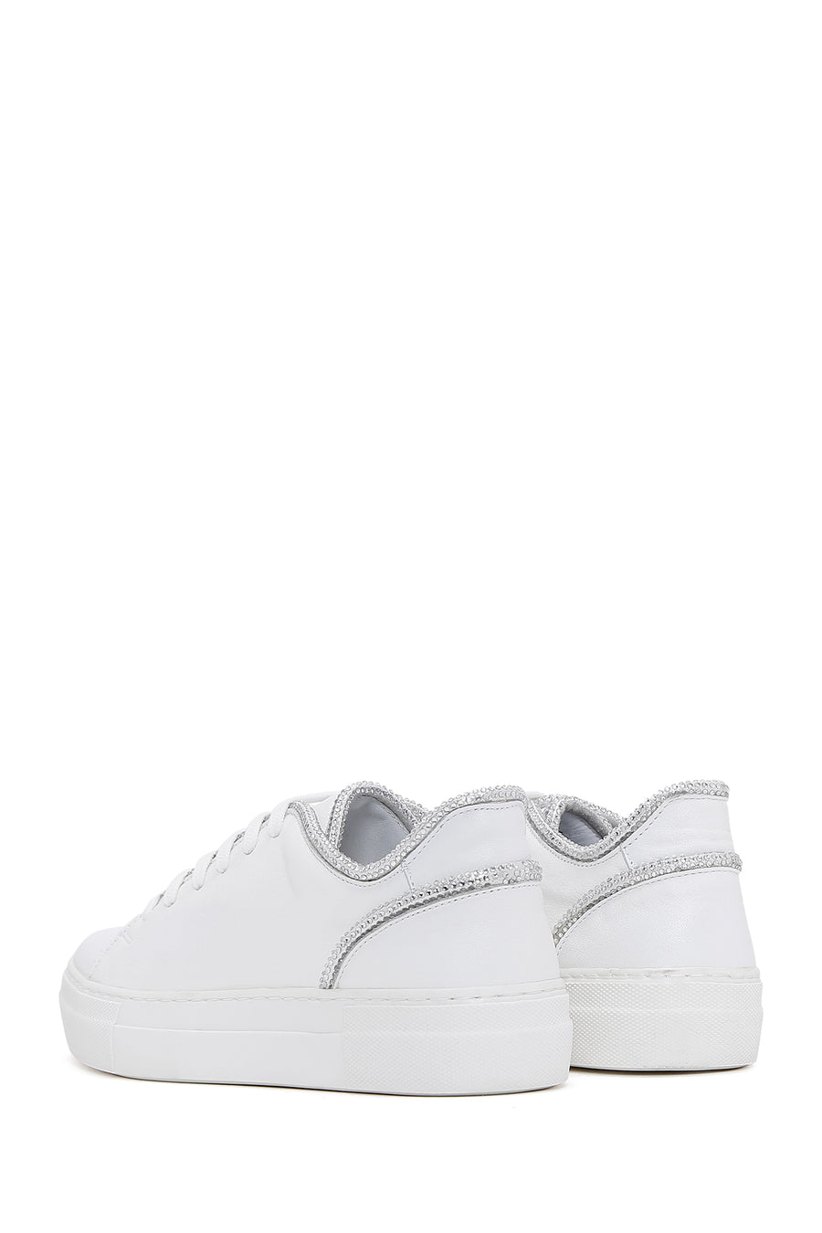 Kadın Beyaz Bağcıklı Taşlı Deri Sneaker