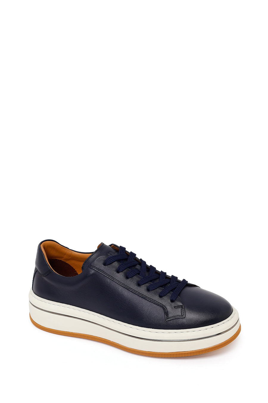Erkek Lacivert Bağcıklı Kalın Tabanlı Deri Sneaker