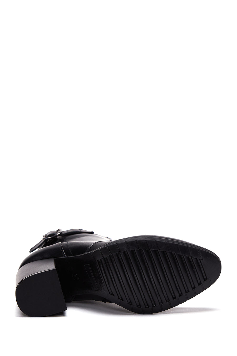 Women's Black Leather Buckle Heeled Boots