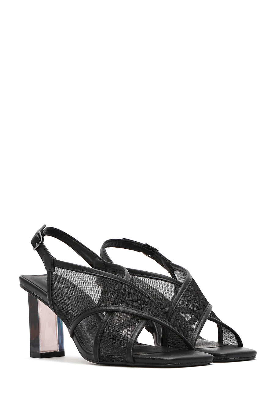 Women's Black Fabric Sandals with Thick Heels and Ankle Buckle