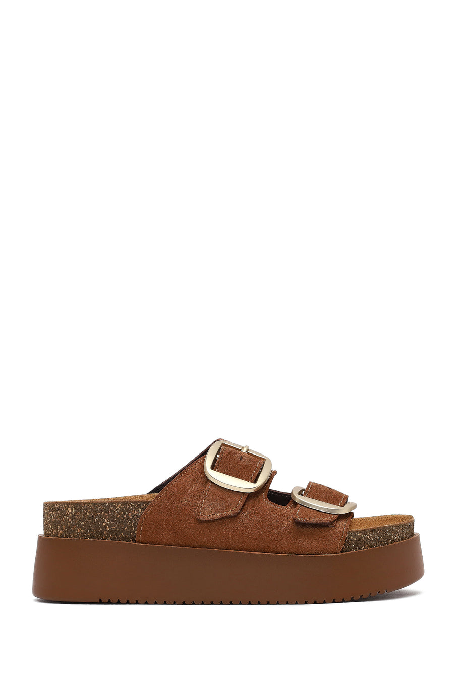 Women's Tan Double Buckle Thick Sole Suede Leather Slippers 25SFD132810 | Derimod