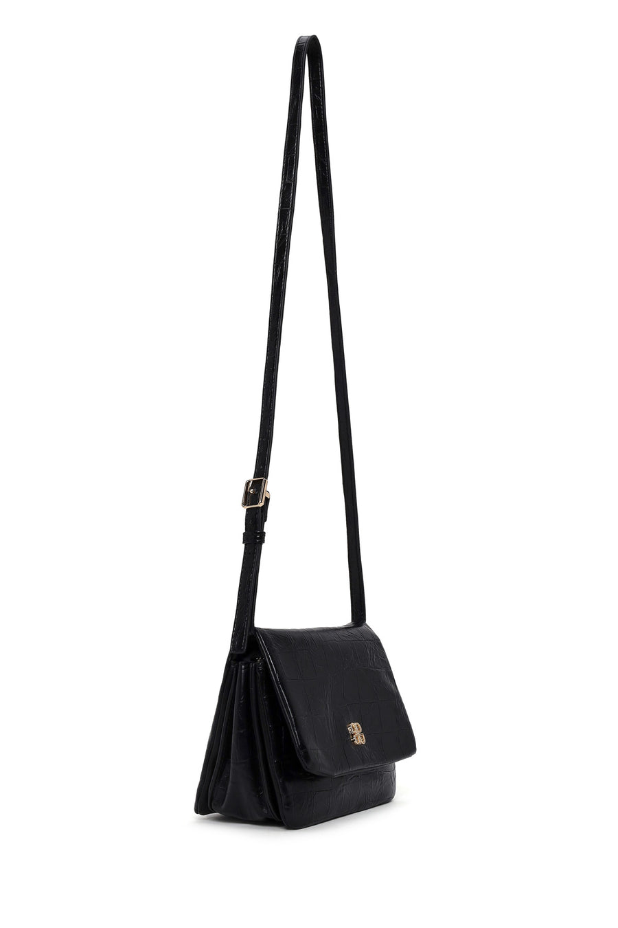 Woman Black Croc-Embossed Crossbody Bag