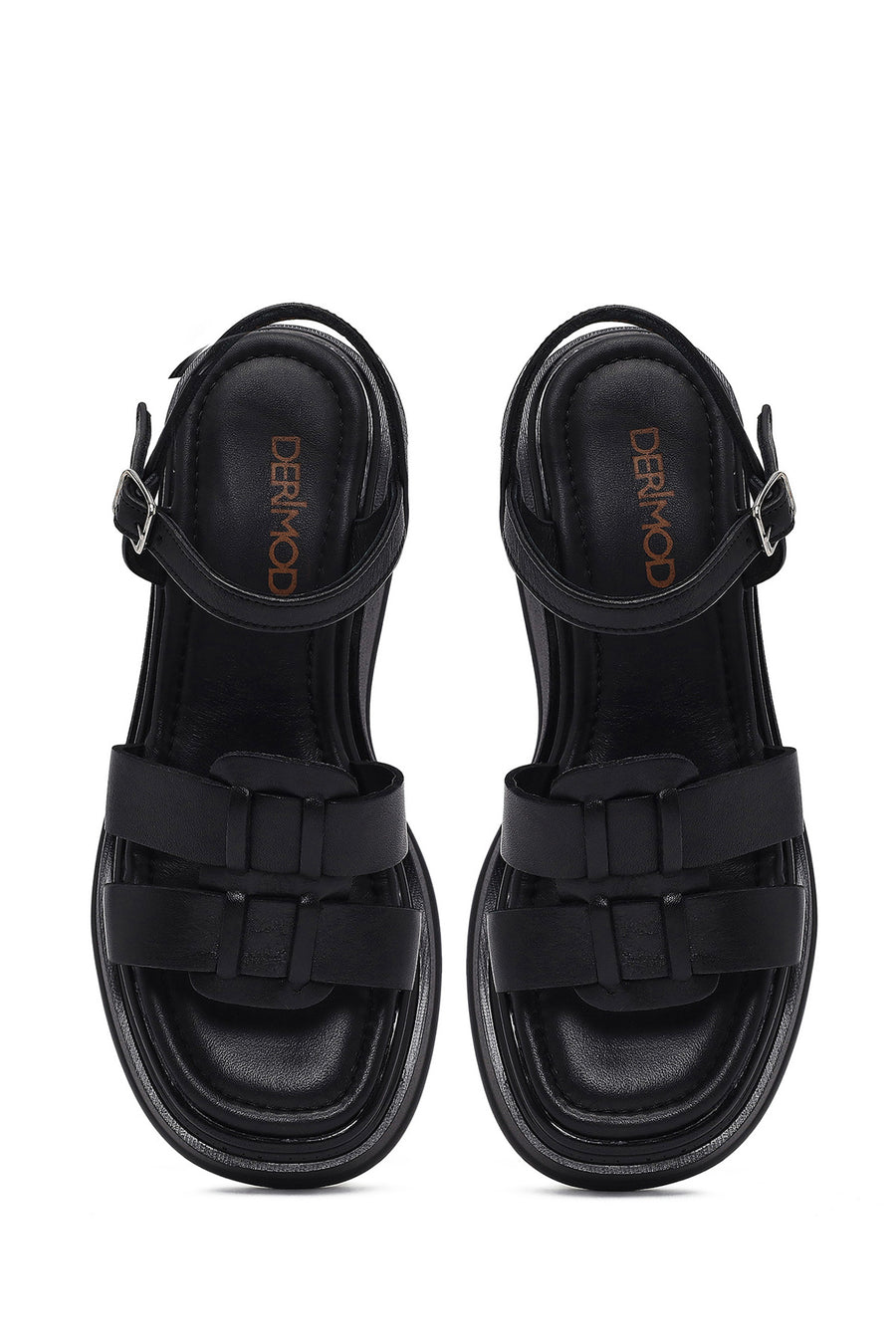 Women's Black Ankle Buckle Wedge Heel Leather Sandals