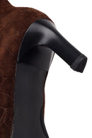 Woman Brown Thin Heeled Printed Suede Boots | Derimod