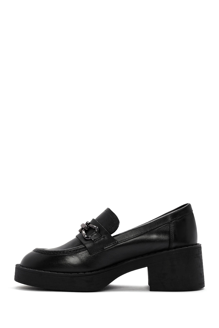 Women's Black Thick Heeled Leather Masculine Loafer