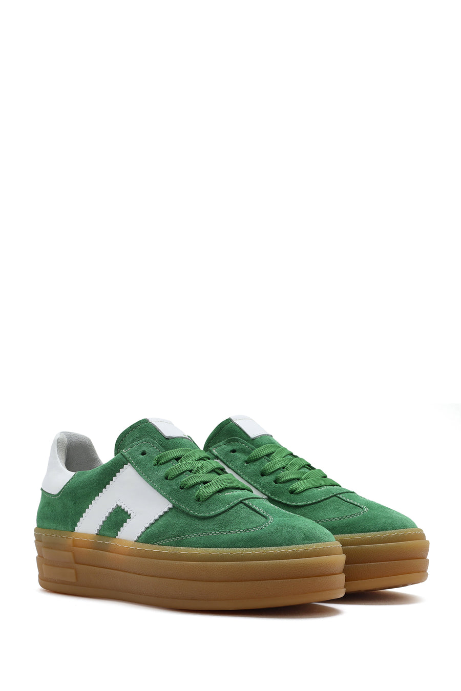 Women's Green Lace-Up Suede Leather Sneakers