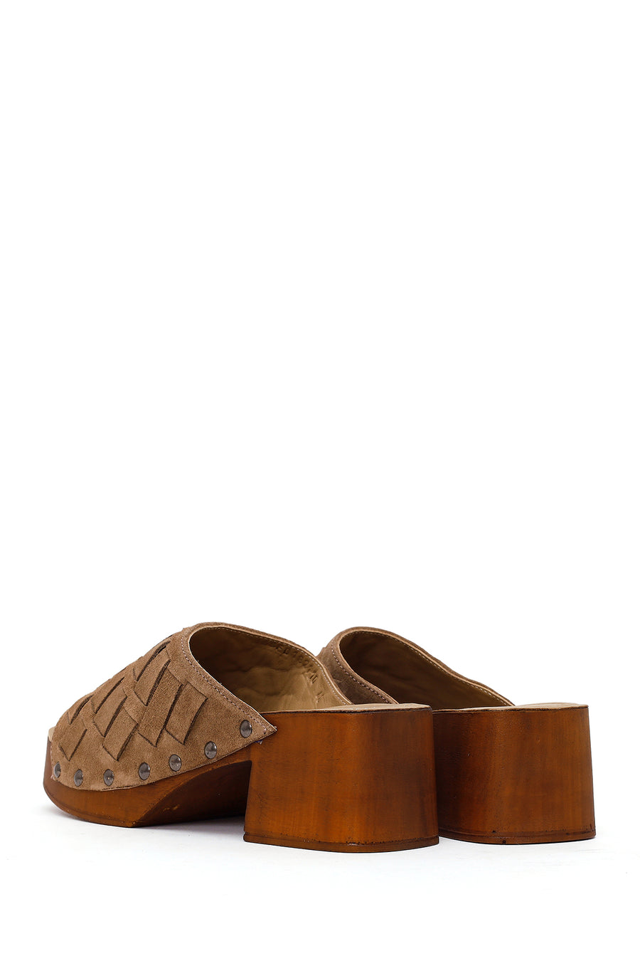 Woman Beige Short Thick-Heeled Suede Slipper