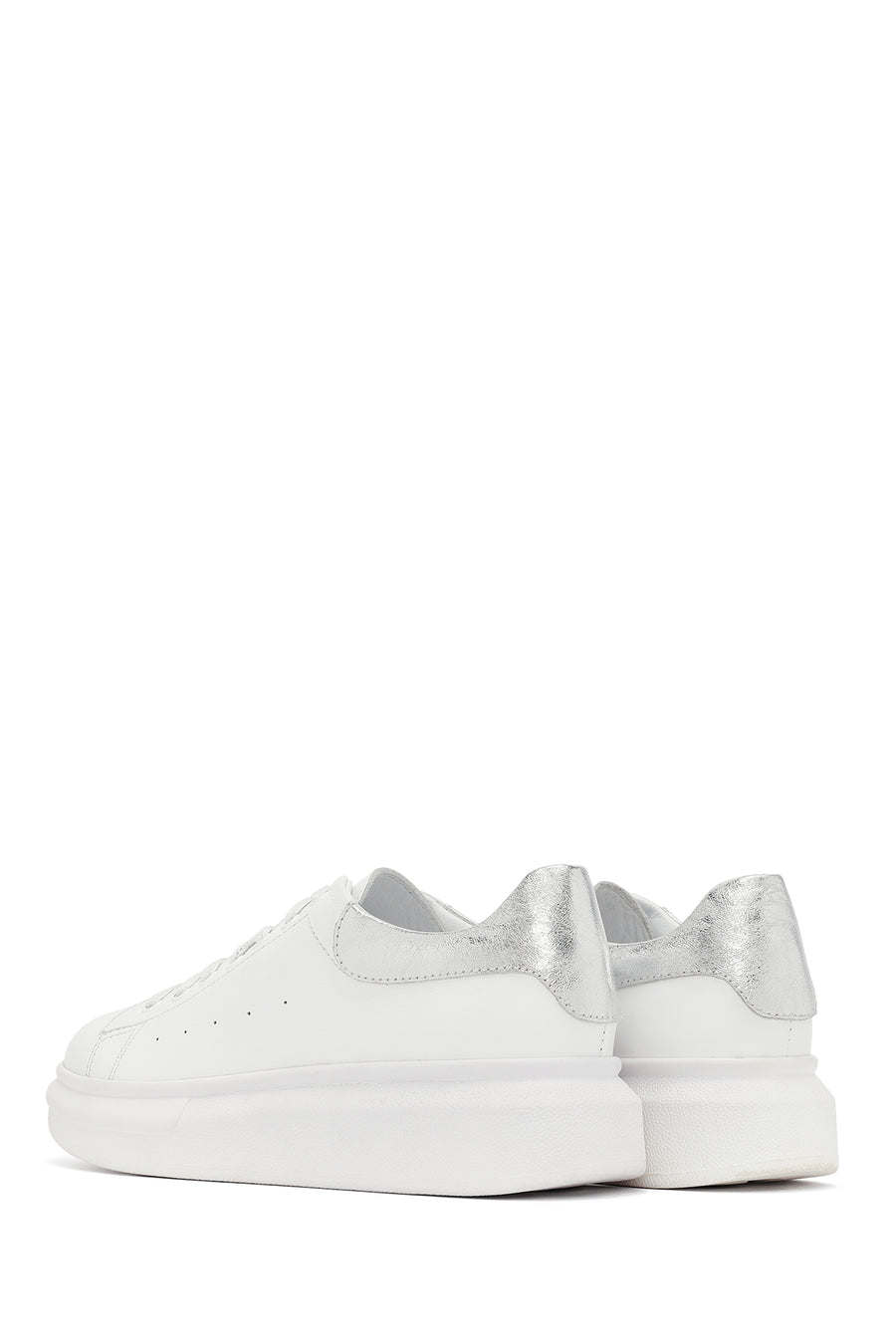 Woman White Laced Thick Sole Leather Sneakers