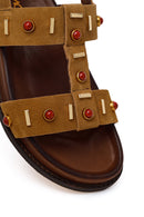 Woman Tan Embellished Suede Sandal | Derimod