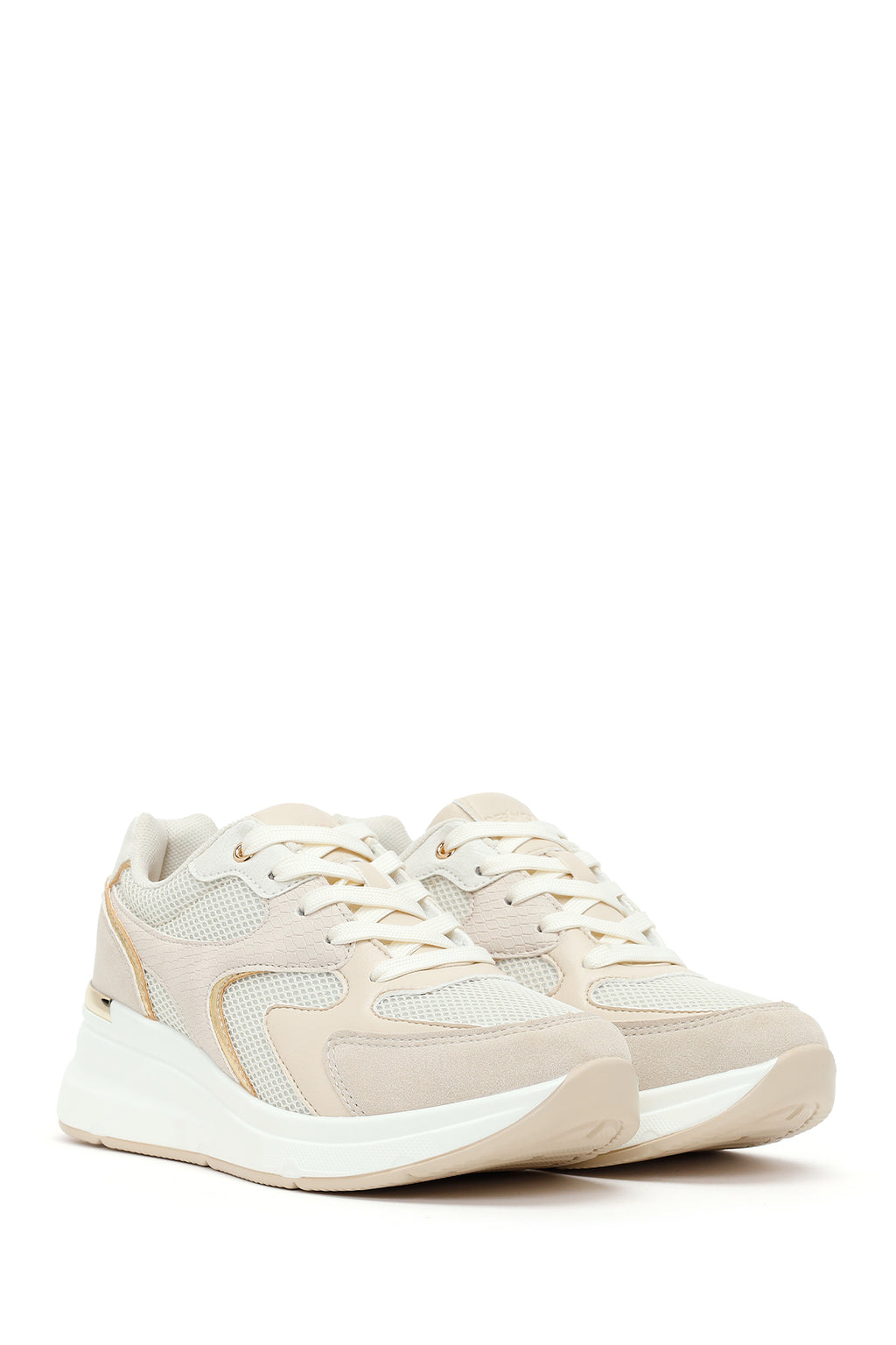 Kadın Bej Bağcıklı Dolgu Topuklu Sneaker