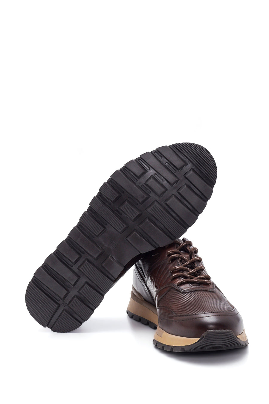 Erkek Kahverengi Deri Baskılı Sneaker