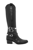 Women's Black Thick Heel Buckle Detailed Leather Cowboy Boots | Derimod