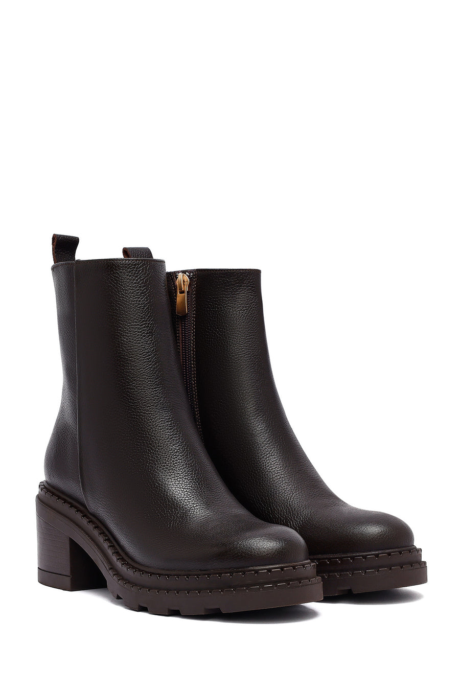 Woman Brown Zip Closure Platform Thick-Heeled Leather Boots