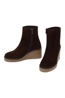 Woman Brown Zip Closure Wedge-Heel Suede Leather Boots | Derimod