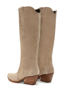 Women's Beige Suede Leather Cowboy Heeled Boots | Derimod