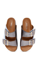 Women's Brown Metallic Leather Double Buckle Comfort Slippers | Derimod