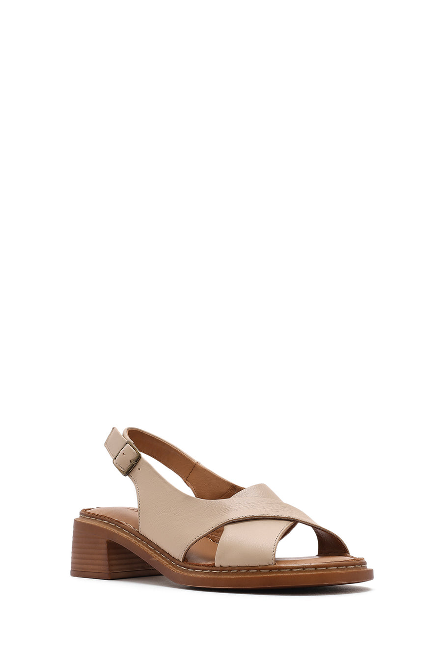 Women's Beige Ankle Buckle Low Heel Leather Sandals