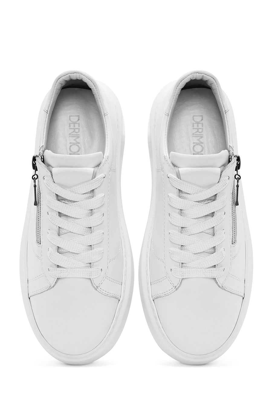 Kadın Beyaz Fermuarlı Bağcıklı Kalın Tabanlı Deri Sneaker