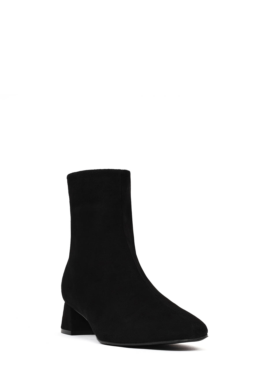 Woman Black Zip Closure Short Thick Heeled Suede Boots
