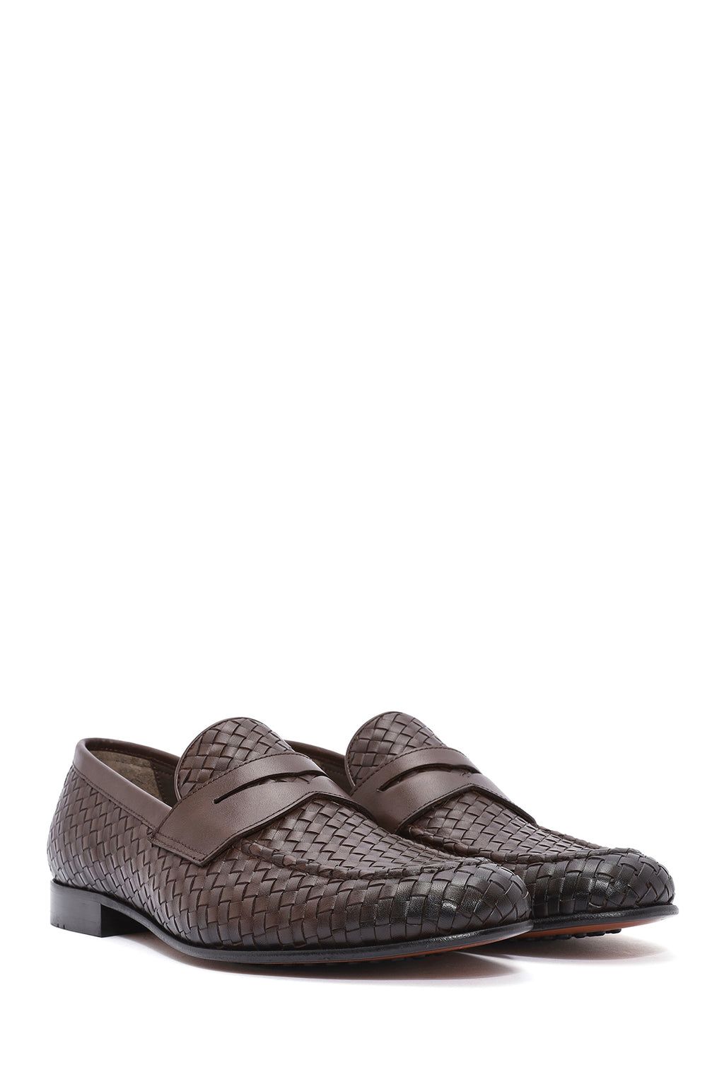 Erkek Kahverengi Örgü Deri Klasik Loafer