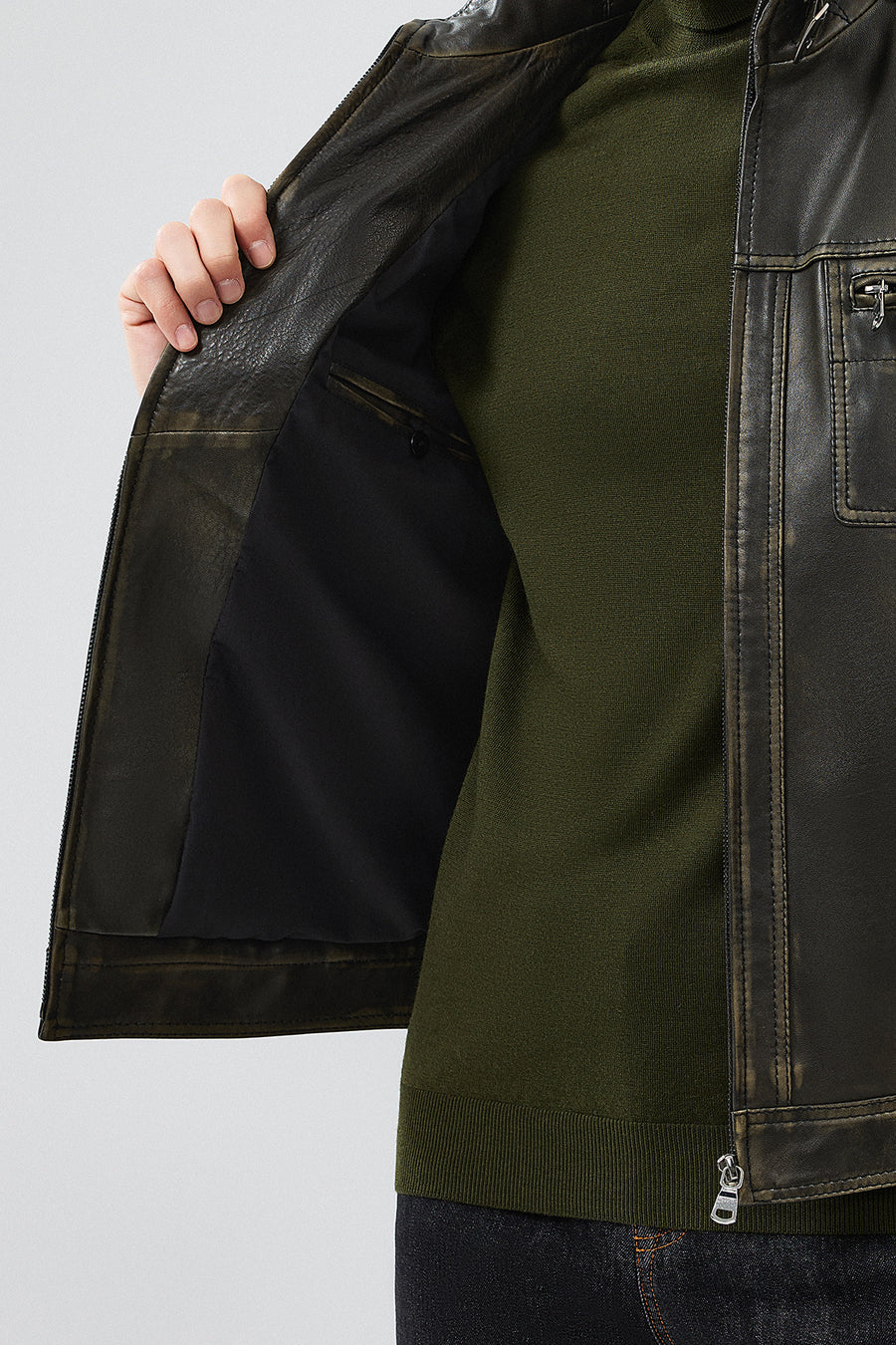 Wade Erkek Yeşil Slim-Fit Deri Mont