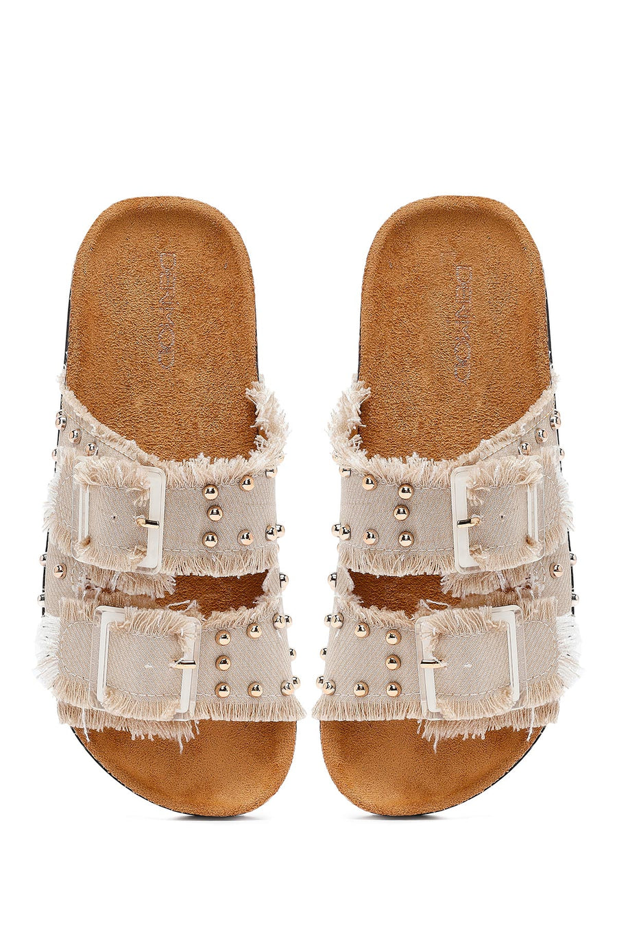 Women's Beige Stone Detailed Fabric Slippers