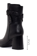 Woman Black Zip Closure Thick-Heeled Leather Boots | Derimod