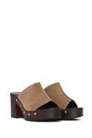 Women's Beige Thick Heeled Suede Leather Slippers | Derimod
