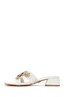Woman White Stone-Embellished Thick Short-Heeled Slipper | Derimod
