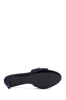 Women's Blue Thin-Heeled Satin Slippers with Rhinestones | Derimod