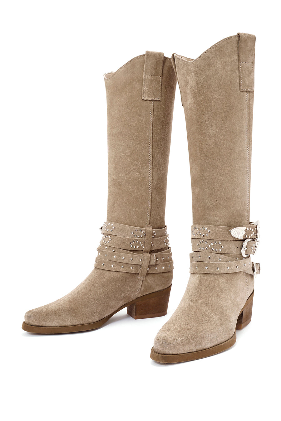 Women's Beige Thick Heel Buckle Detailed Suede Leather Cowboy Boots